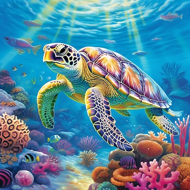 een schildpad die onder een koraalrif zwemt terwijl de zon door de wolken schijnt.