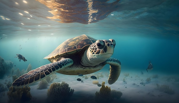 Een schildpad die onder water zwemt met de woorden zeeschildpad op de bodem.