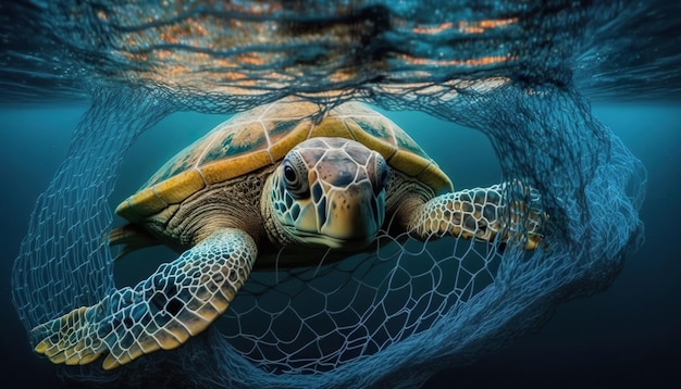 Een schildpad in een net met een visnet in het water