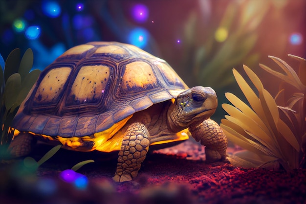 Een schildpad in een rode woestijn met een kleurrijke achtergrond