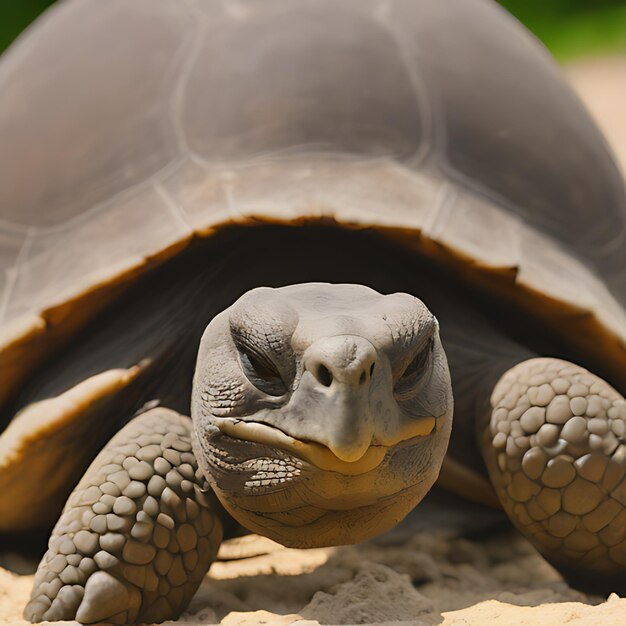 een schildpad is op het zand met een open mond