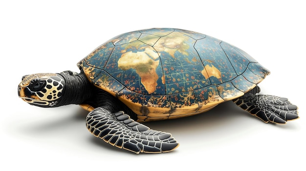 een schildpad met de wereldkaart geschilderd op zijn schelp een conceptueel stuk samensmelting van dieren in het wild met wereldwijde geo