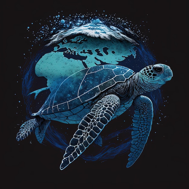 Een schildpad met een blauwe achtergrond en de woorden "oceaan" erop.