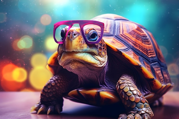 Een schildpad met een bril en een roze bril