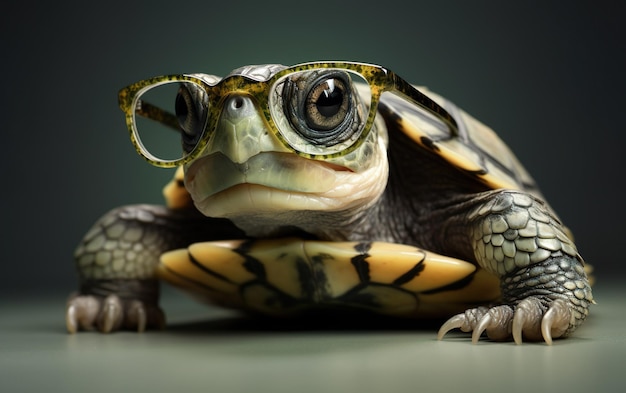 Een schildpad met een bril op zijn kop en een groene bril.