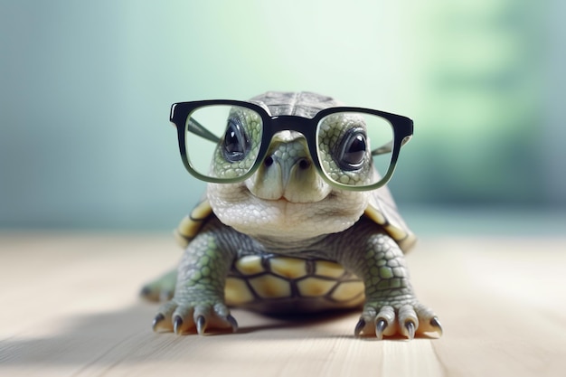 Een schildpad met een bril zittend op een tafel Generatief AI-beeld