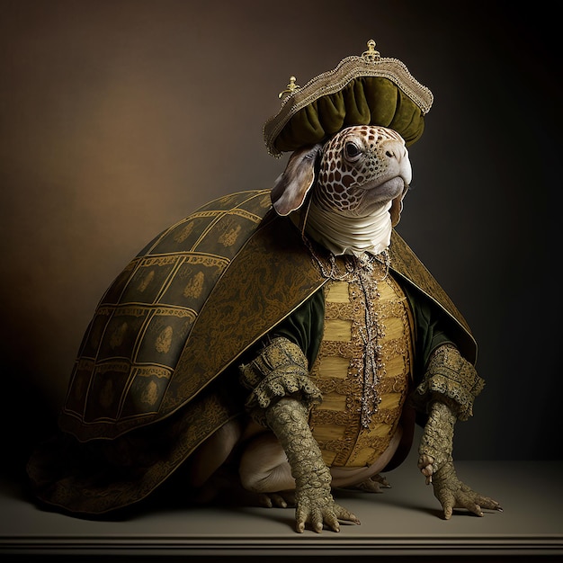 Een schildpad met een hoed en een jas waarop "schildpad" staat.