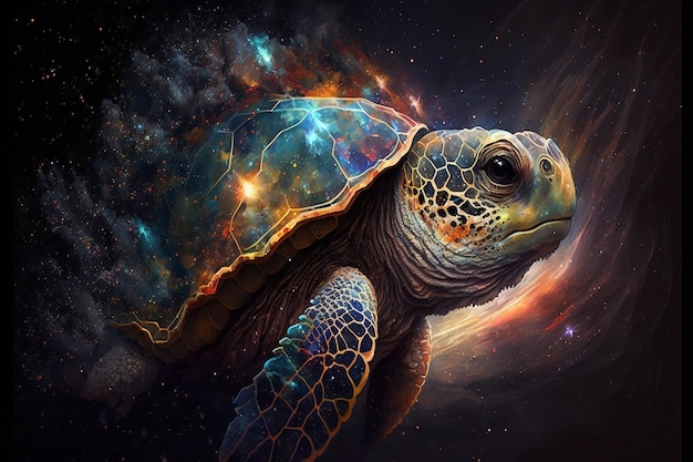 Een schildpad met een melkwegachtergrond
