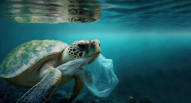 Een schildpad met een plastic zak in zijn bek