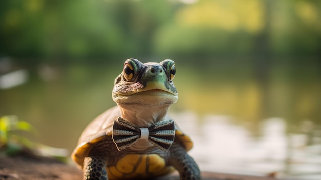 Een schildpad met een vlinderdas zit op een boomstam voor een meer.