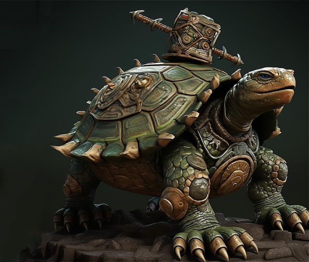 Een schildpad met een zwaard op zijn kop