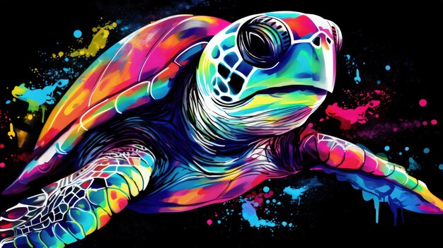 Een schildpad neon kleuren digitale kunst en waterverf donkere achtergrond generatieve AI