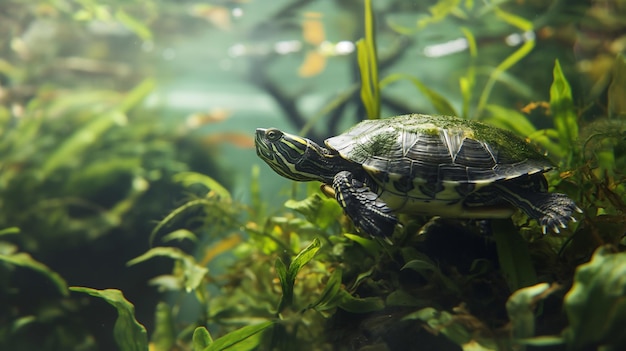 Een schildpad ondergedompeld in water tussen groene waterplanten