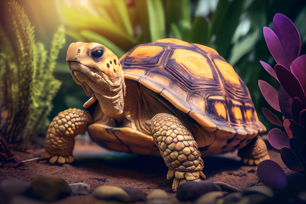 Een schildpad op een rots in de tuin