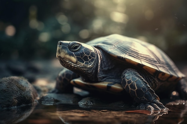 Een schildpad op een rots in het bos