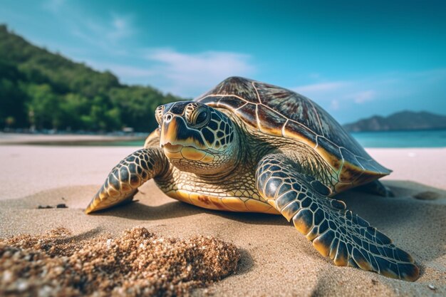 Een schildpad op een strand waar de zon op schijnt