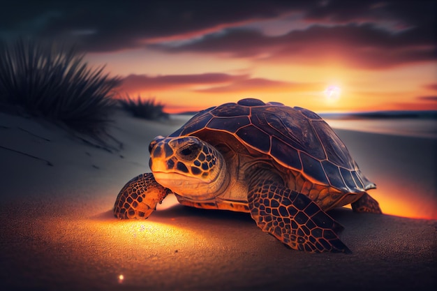 Een schildpad op het strand bij zonsondergang