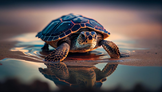 Een schildpad op het zand in de zon