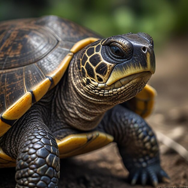 een schildpad staat op de grond en kijkt naar de camera