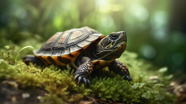 Een schildpad zit op een bemost oppervlak in het bos.