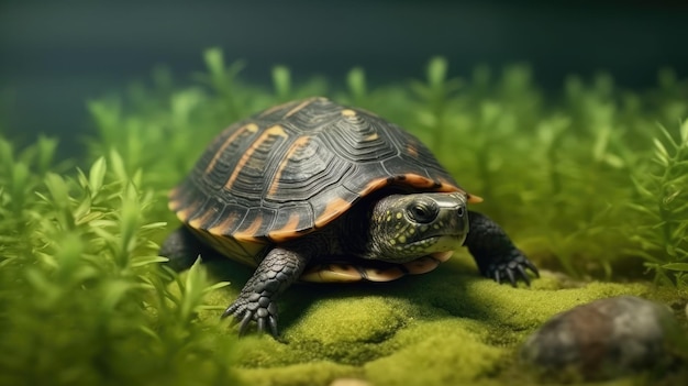 Een schildpad zit op een bemost oppervlak voor een groene achtergrond.