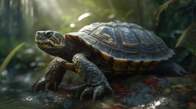 Een schildpad zit op een rots in de jungle.