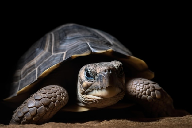 Een schildpad zit op een rots voor een zwarte achtergrond.