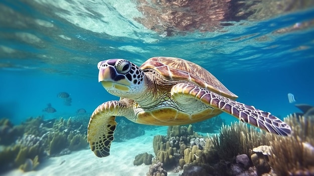 Een schildpad zwemt in de oceaan.