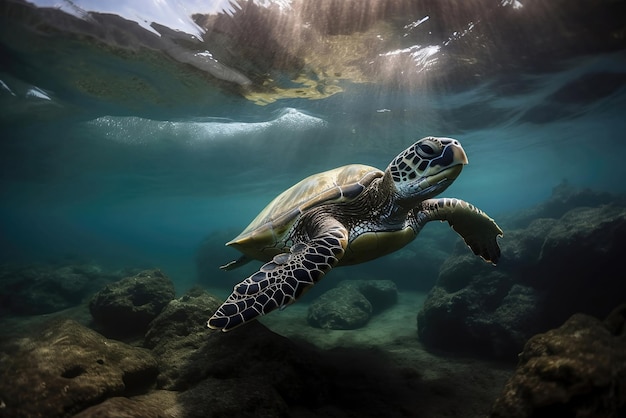 Een schildpad zwemt onder water in Mexico.