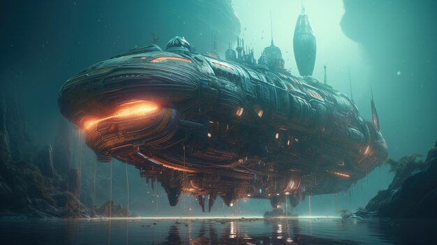 Een schip dat in het water drijft met de woorden ruimteschip in de rechterbenedenhoek.