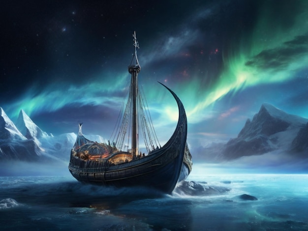 een schip drijft in de oceaan met de aurora borealis op de achtergrond