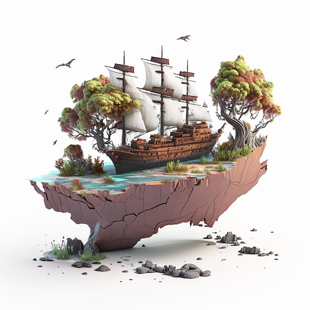 Een schip drijvend op een drijvend eiland met bomen en vogels.