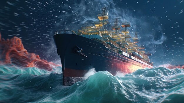 Een schip in de oceaan met een storm op komst.