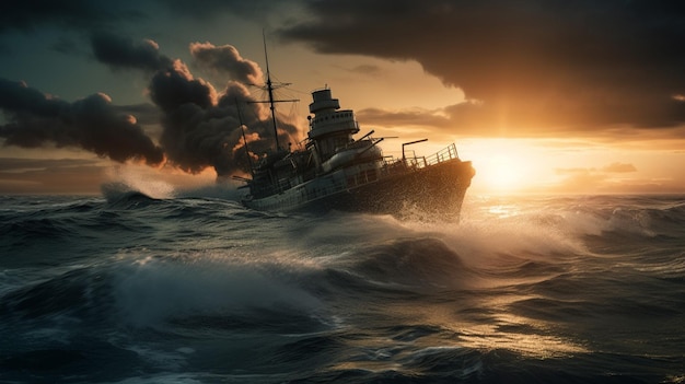 Een schip in de oceaan met een zonsondergang op de achtergrond