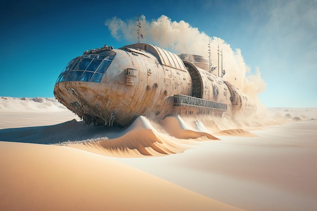 Een schip in de woestijn met zand en water.