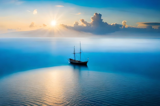 Een schip in de zee met de zon erachter