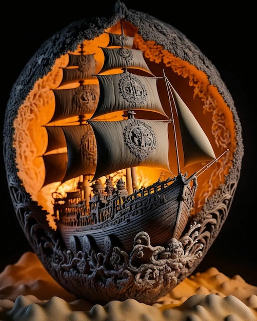 Een schip in een ei met een kaars in het midden