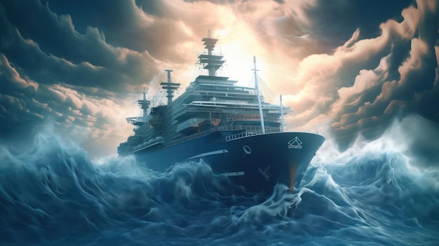 Een schip in een stormachtige oceaan met een bewolkte lucht op de achtergrond.