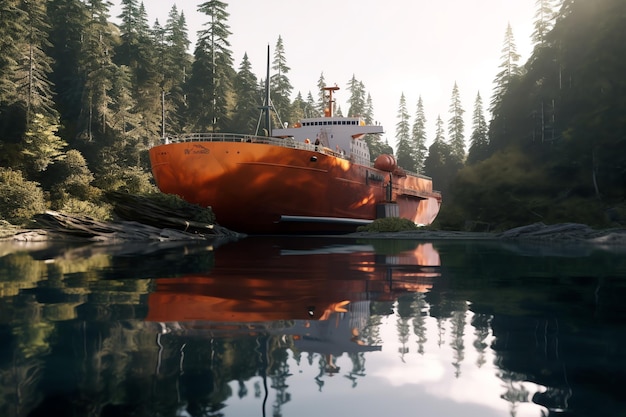 Een schip in het water met bomen op de achtergrond