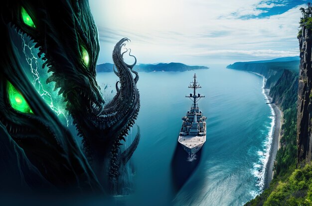 Foto een schip in het water met een gigantische octopus op de bodem