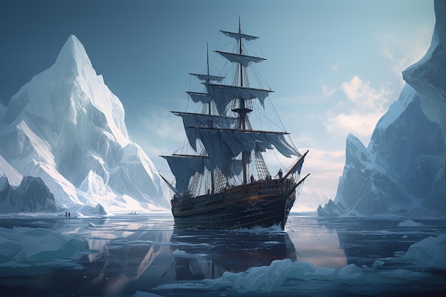 Een schip in het water met ijsbergen op de achtergrond