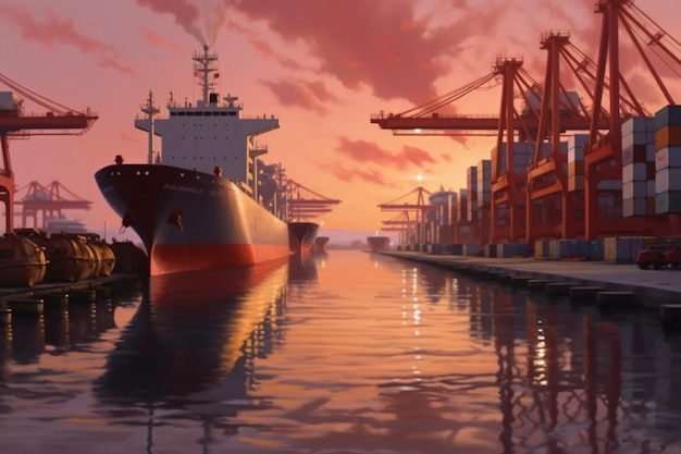 Een schip ligt aangemeerd in een haven met een zonsondergang op de achtergrond.