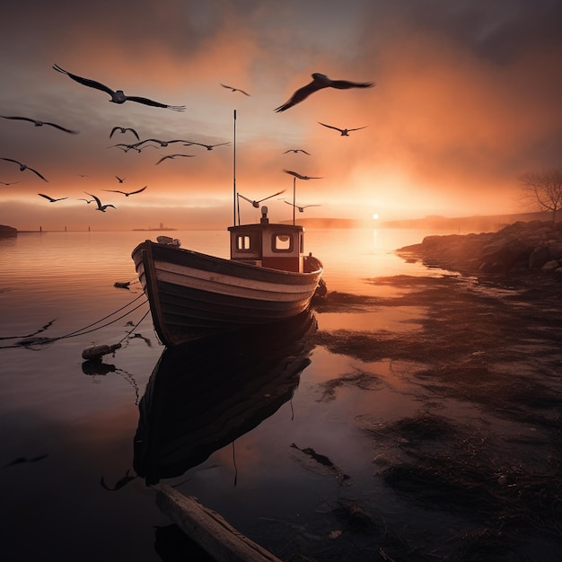 een schip ligt in het water met vogels prachtige zeilboot op zee uitzicht vanaf de voorkant van een varende boot