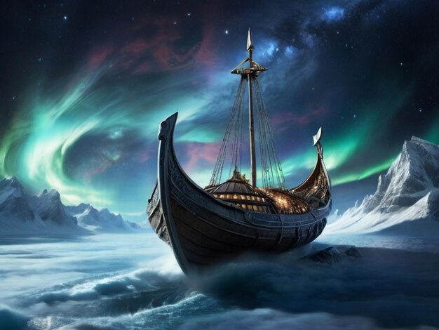 een schip met de aurora borealis op de bodem