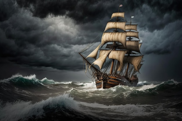 Een schip op een stormachtige zee een storm op de zee een schip op de zee digitale kunst stijl illustratie schilderij