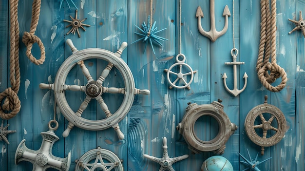 Foto een schip stuurwiel ankers en andere nautische items hangen op een blauwe houten muur in deze afbeelding met een maritiem thema