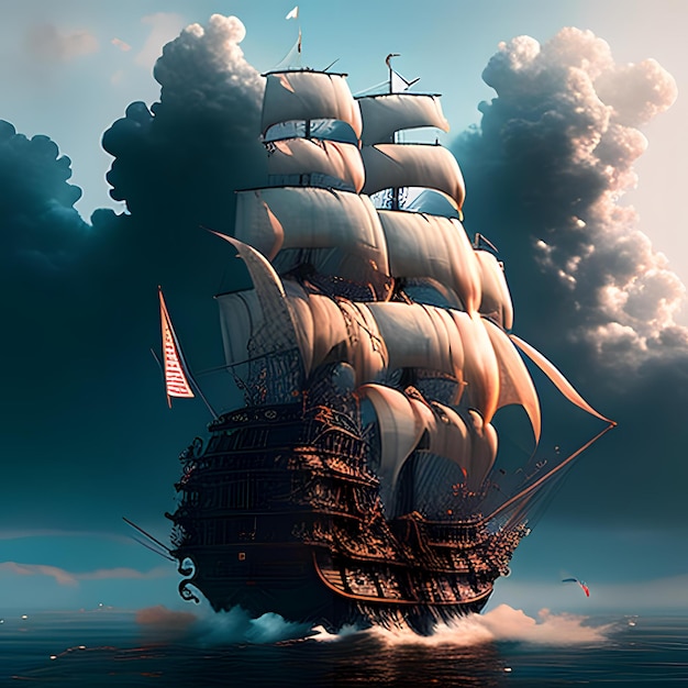 Een schip vaart in de oceaan met wolken en de lucht is bewolkt.