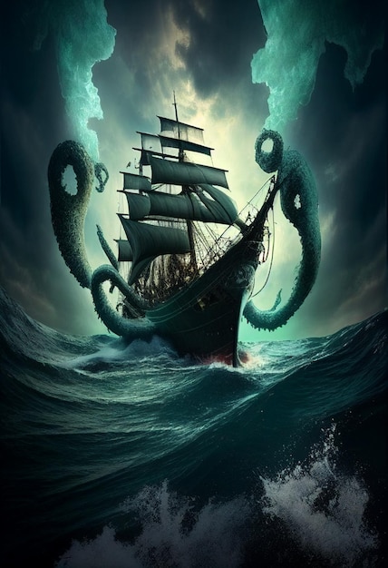 Een schip werd aangevallen door een kraken midden in een eindeloze oceaan die door AI werd gegenereerd