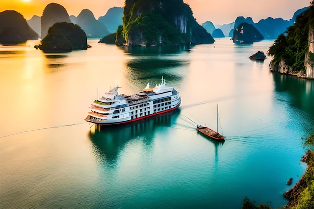 een schip zeilt in het water met een berg op de achtergrond