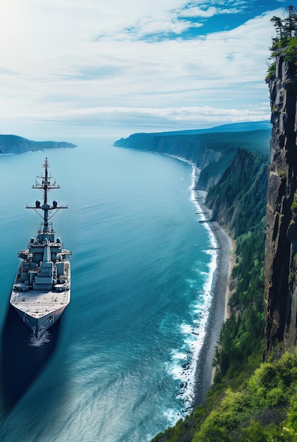 Foto een schip zeilt op de oceaan en is omringd door kliffen